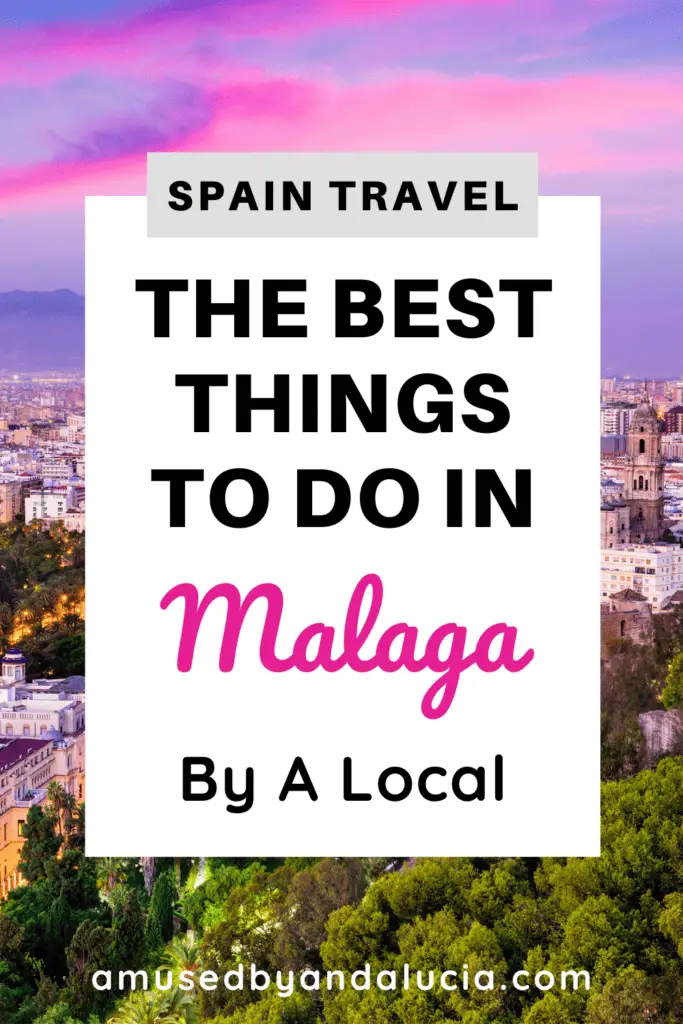 A picture ov Malaga city at sunset with an overlay of text saying "The Best things to do in Malaga"