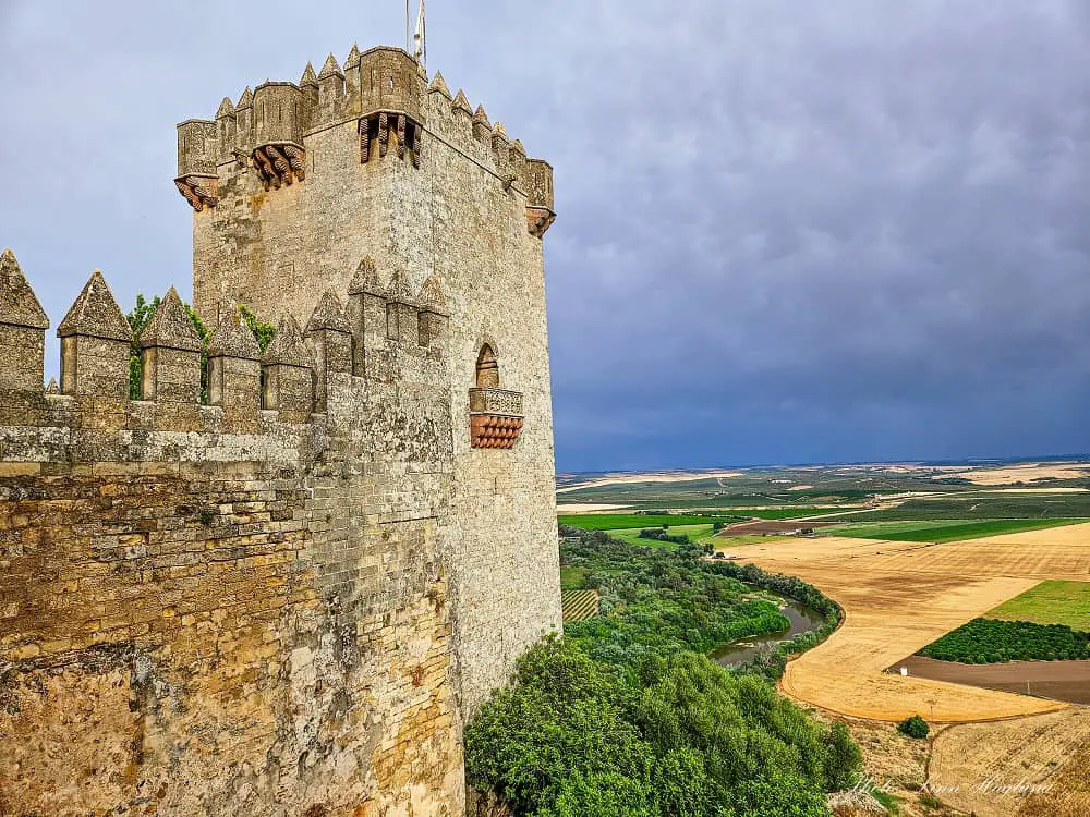 Views of a watchtower and countryside surrounding Almodovar castle Cordoba Spain