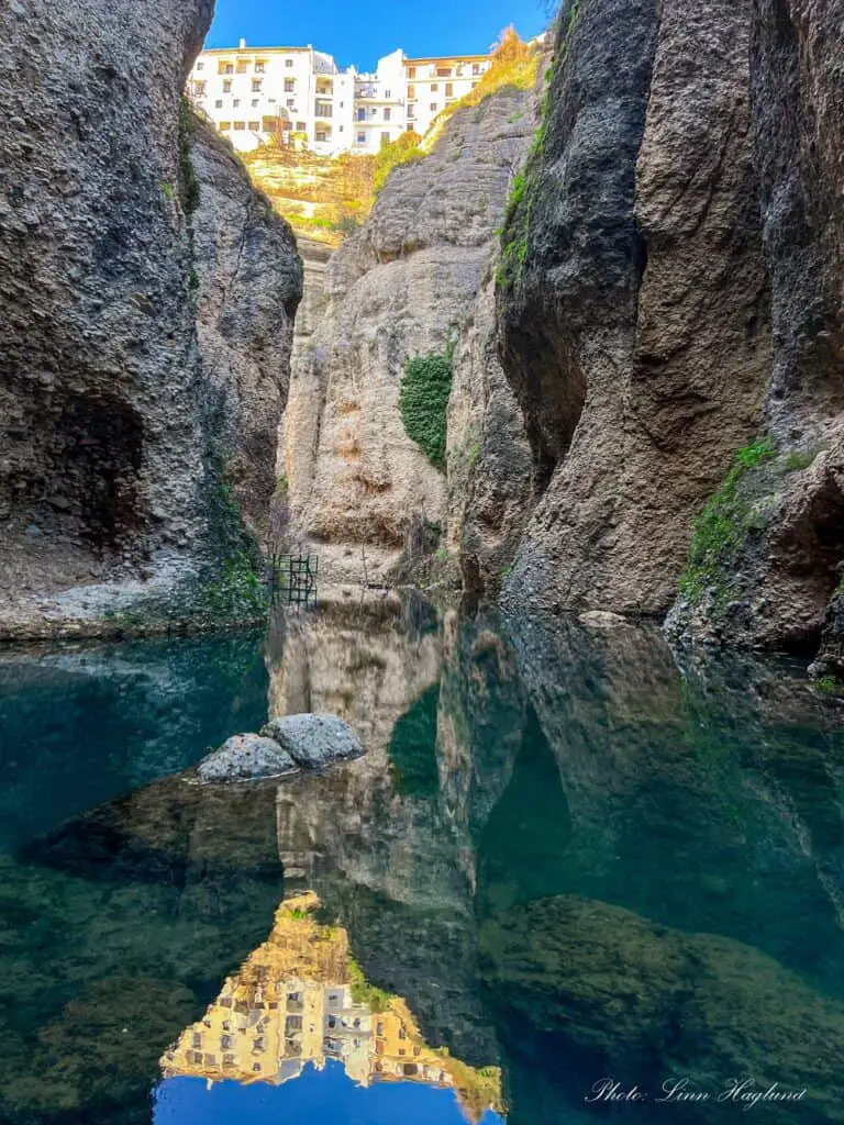 Ronda things to do - The bottom of El Tajo Gorge where the town reflects in the water