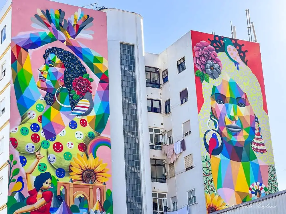 two colorful murals of women with flowers and abstract figures.