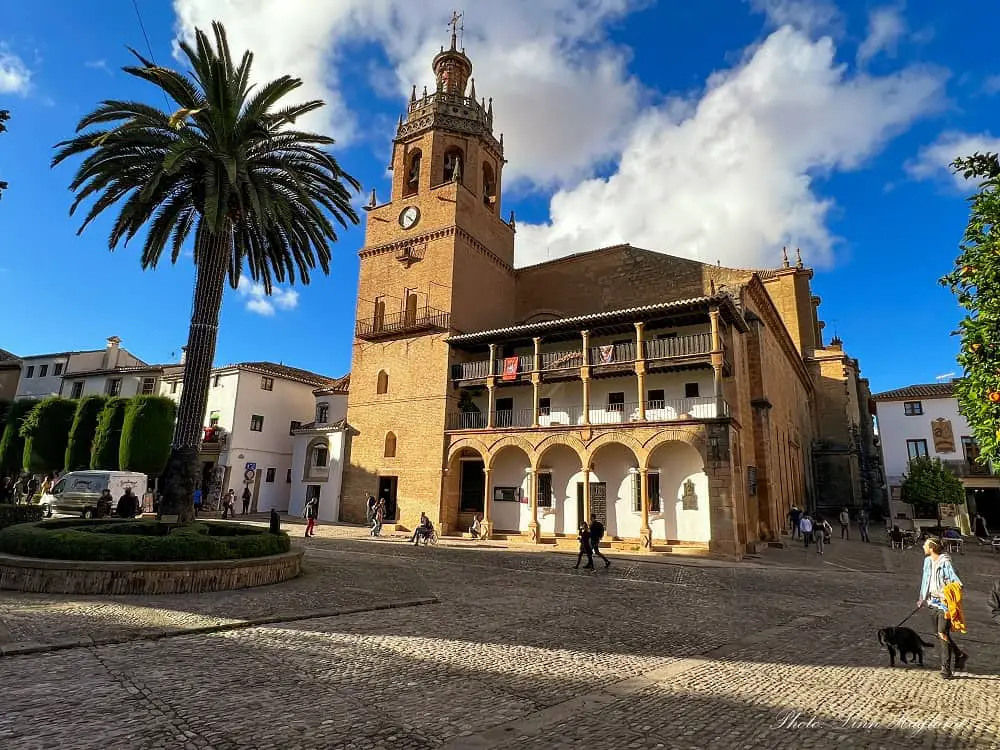 What to do in Ronda Spain - a large square with palm trees and a large church with a mix or Christian and Moorish features