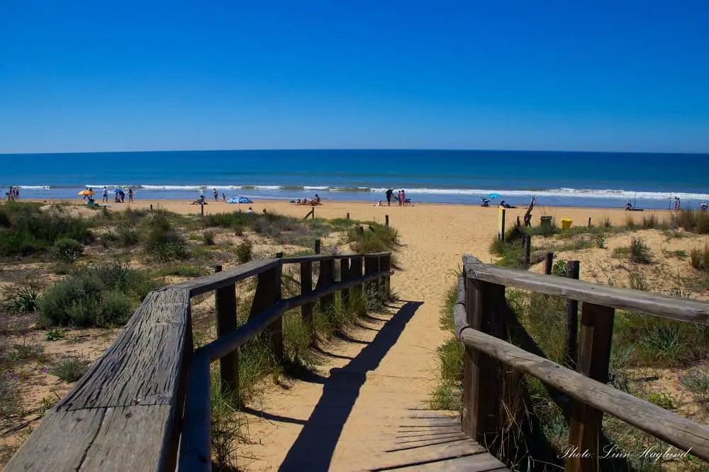 A wooden walkway covered in sand on the way to the beach in one of the best beach resorts near Seville Spain