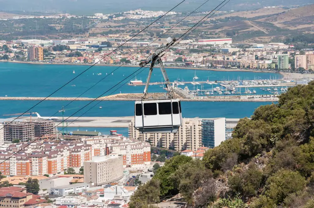 View of the city of Gibraltar and cable car which you might take on day trips from Benalmadena to Gibraltar.