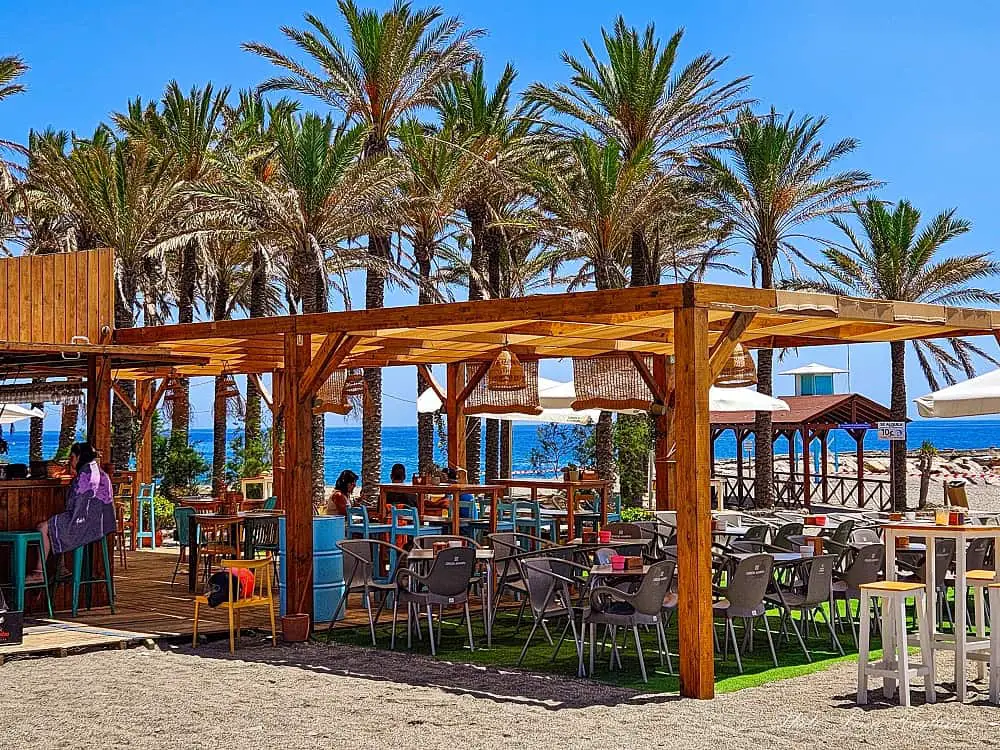 A colorful beach bar surrounded by palm trees in Torrenueva Costa Tropical.