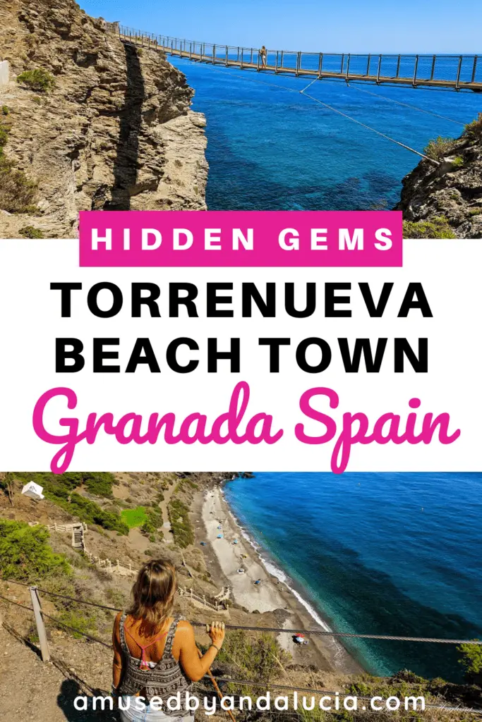 Text overlay for a Pinterest pin saying "Torrenueva beach town Granada Spain" with colorful images of a hanging bridge over turquoise waters and a secluded beach.