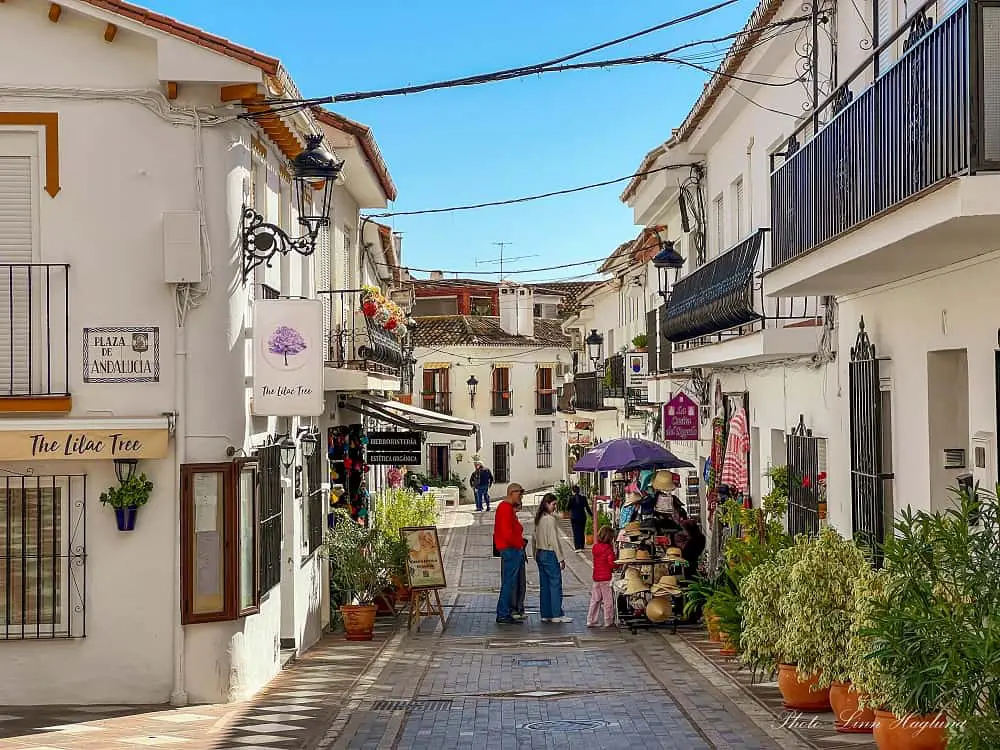 People shopping in a narrow, cobbled street with white hourses and plants and shops - what to do in Benalmadena Spain