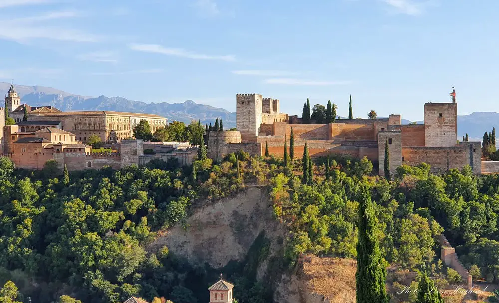 Alhambra fortress with a backdrop of Sierra Nevada.