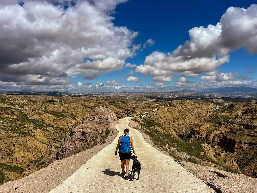 Me and Atlas hiking Gorafe Desert Granada Geopark through incredible badlands.