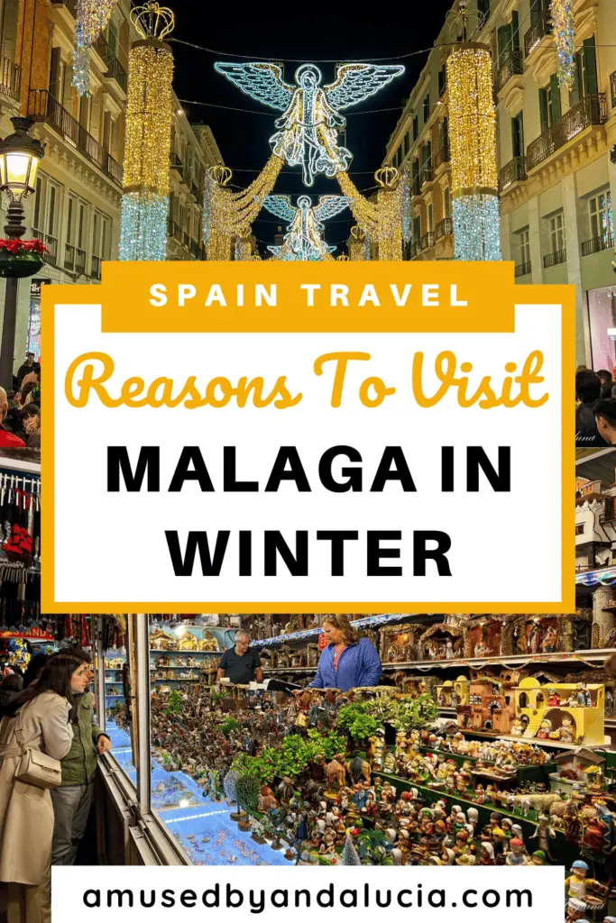 Pinterest image with festive pictures and the overlay text: "Malaga in winter".